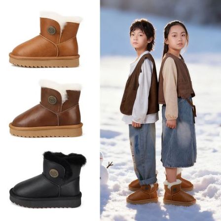 新款雪地靴男女童皮毛一体加厚保暖冬季休闲亲子鞋铜扣复古棉靴