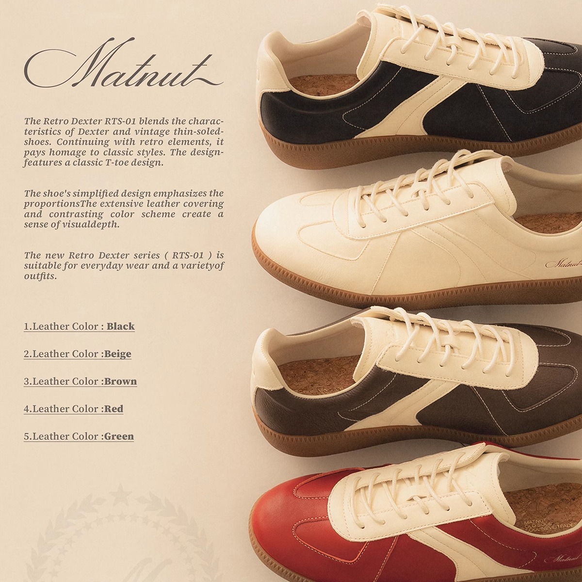 MATNUT [RTS-01] 复古德训牛皮 日常通勤休闲舒适 薄底德训鞋男女主图