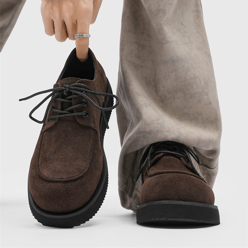 休闲皮鞋男款2025新款高级感翻毛工作男鞋百搭大头鞋子厚底德比鞋主图