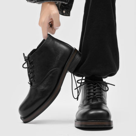 新款高帮方头德比鞋Cleanfit商务正装休闲马丁靴男士厚底大头靴子