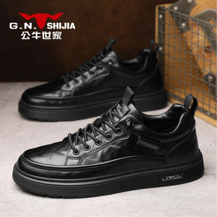 公牛世家板鞋男鞋秋季软皮软底黑色休闲皮鞋一脚蹬爆款百搭小黑鞋