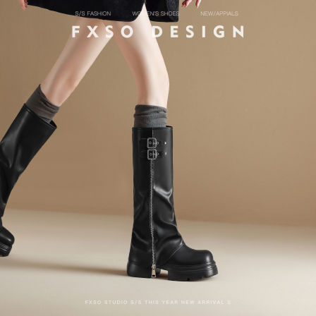 真皮方巷2025秋冬新款长筒靴复古侧拉链裤管靴女爆款增高高筒靴子