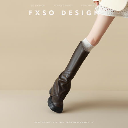 真皮方巷2025秋冬新款厚底粗跟增高显瘦裤管靴女小个子显瘦长筒靴