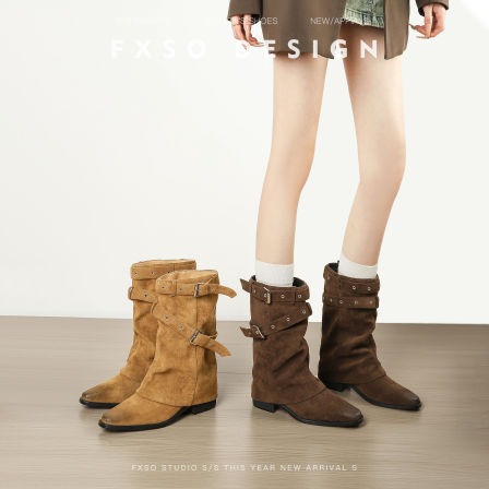 真皮方巷大叔2025秋冬新款皮带扣裤管靴堆堆靴女爆款尖头中筒靴女