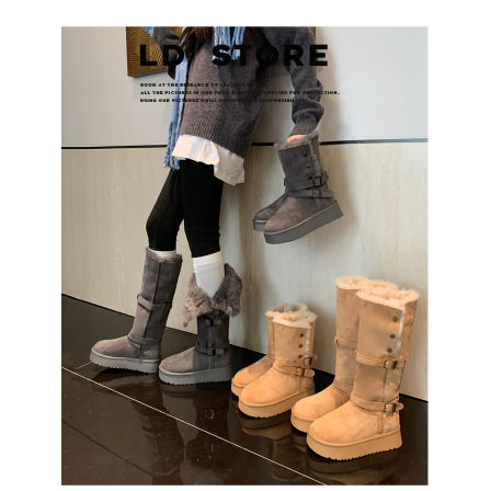 厚底两穿灰色长筒雪地靴女2025冬新款皮带扣毛毛翻边保暖高筒棉鞋