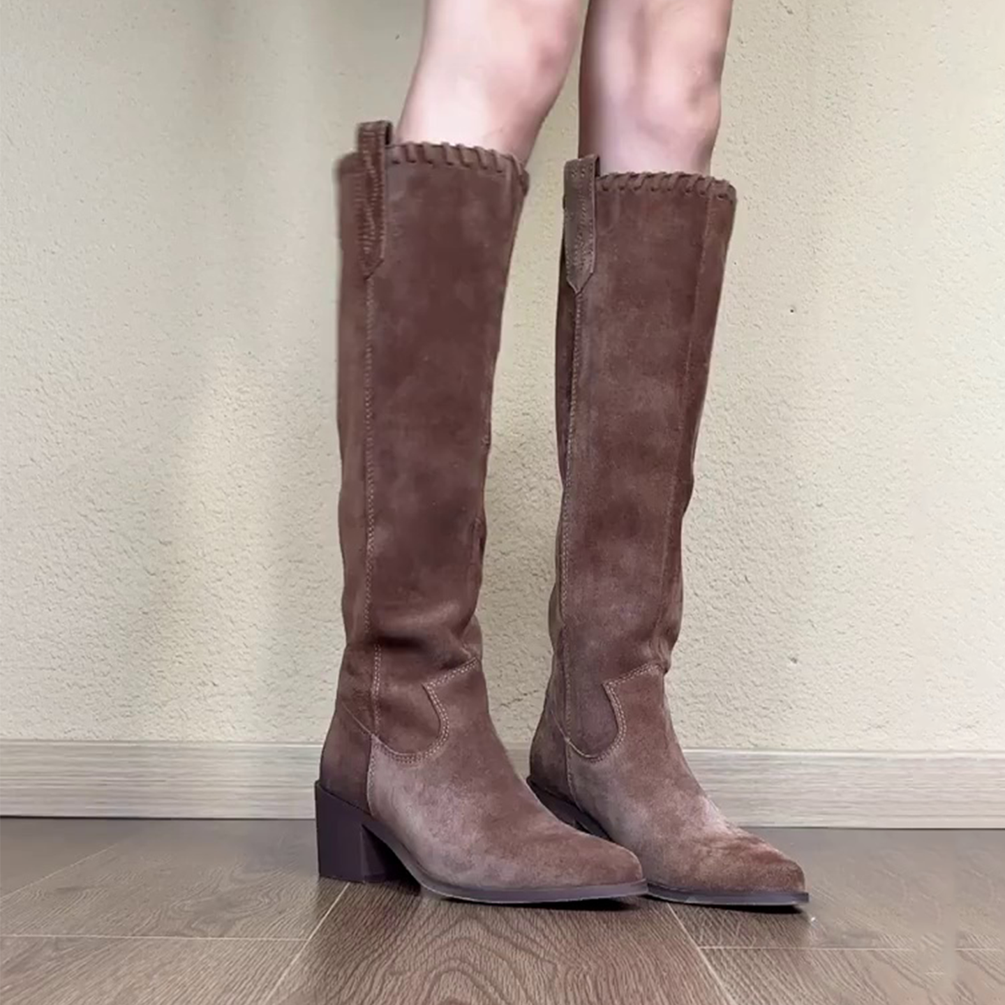 羊皮版~秋季新款长靴百搭绒面高级感时尚气质粗跟堆堆靴女时装靴主图