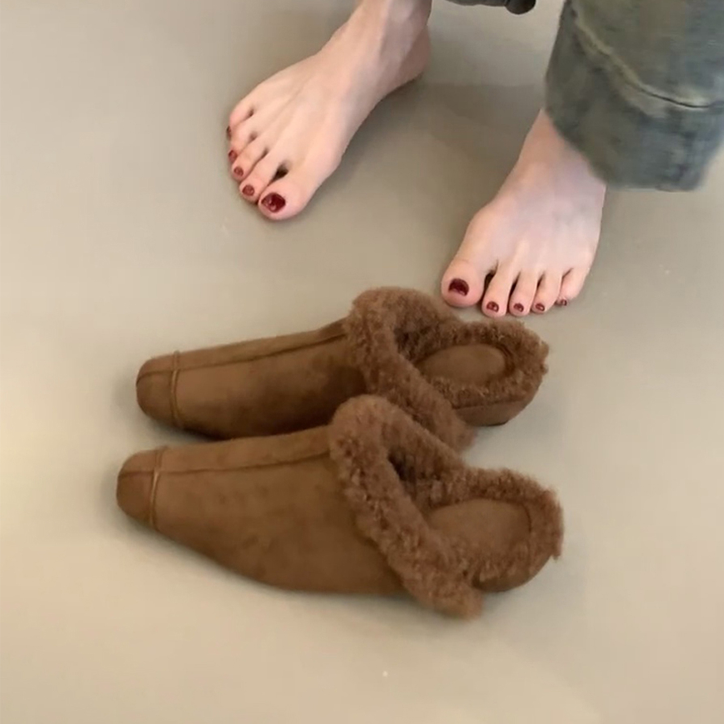 羊皮版~复古绒面包头半拖鞋外穿加绒保暖一脚蹬气质内增高毛毛鞋主图