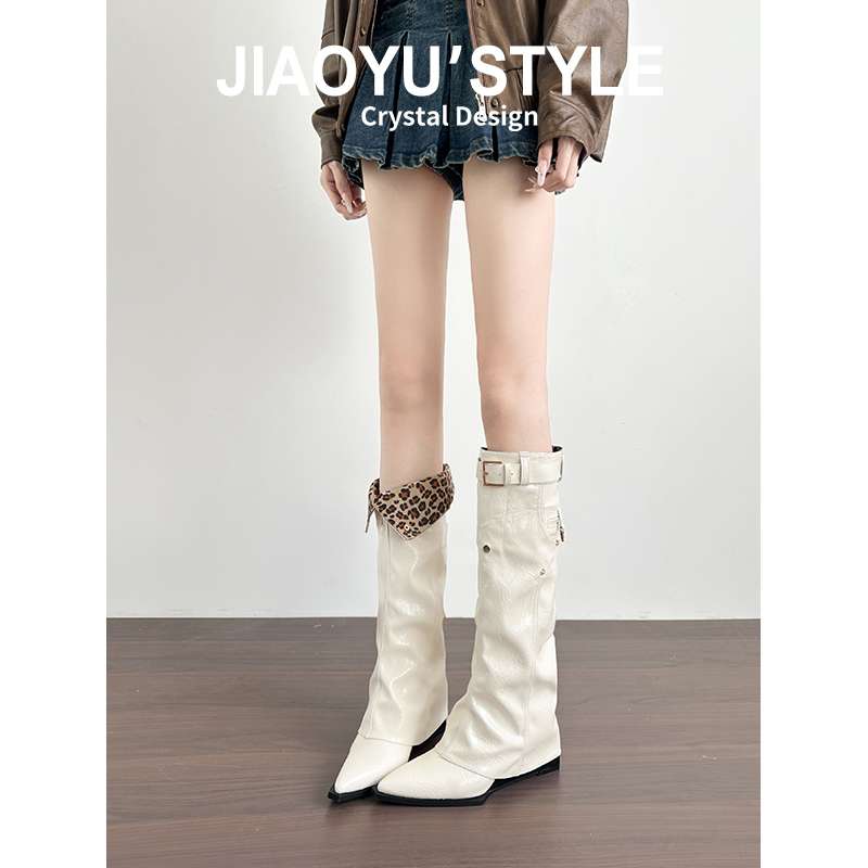 真皮~骄屿复古裤管靴皮带扣美拉德两穿翻折长筒靴粗跟显瘦骑士靴主图