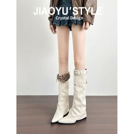 真皮~骄屿复古裤管靴皮带扣美拉德两穿翻折长筒靴粗跟显瘦骑士靴