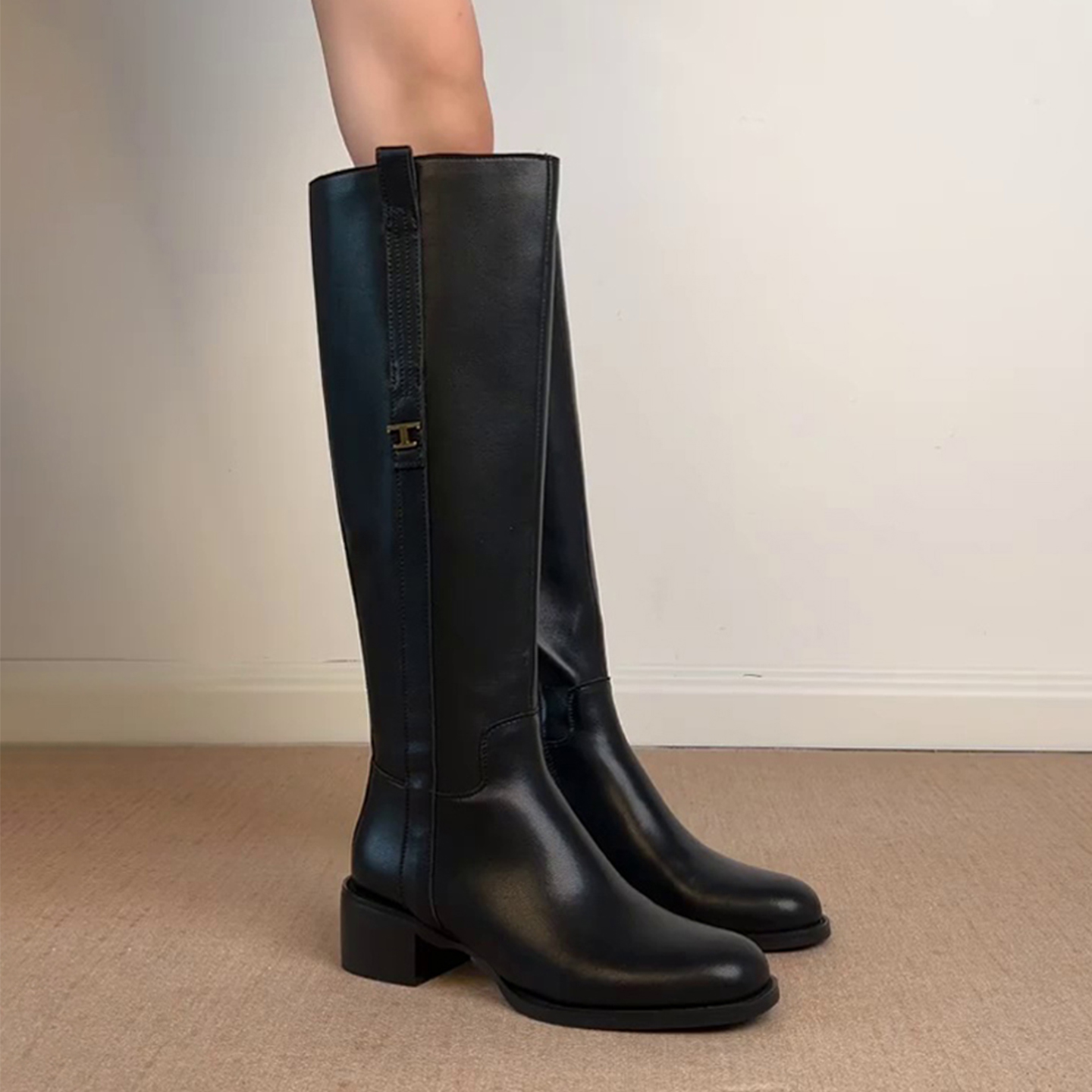 牛皮版~复古粗跟高筒骑士靴女显瘦直筒靴侧拉链圆头不过膝长筒靴主图