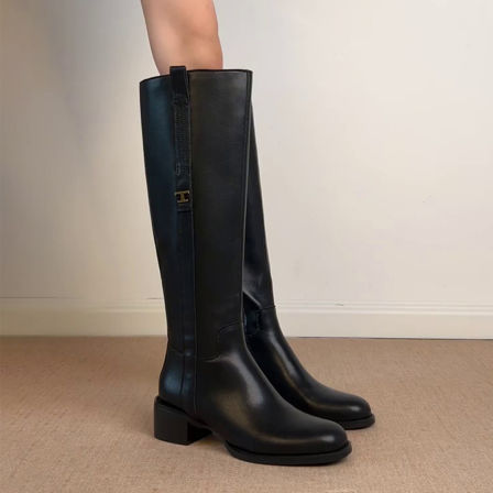 牛皮版~复古粗跟高筒骑士靴女显瘦直筒靴侧拉链圆头不过膝长筒靴