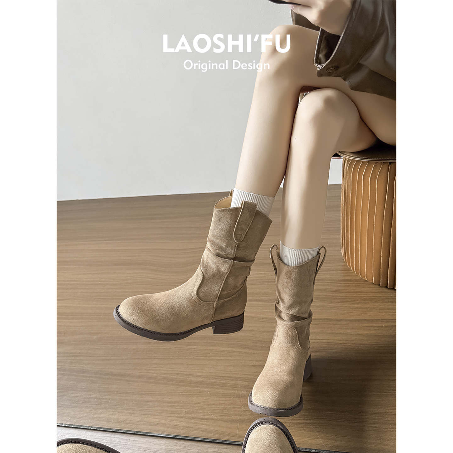 真皮~内增高短靴女2025新款复古美拉德褶皱堆堆靴西部牛仔马丁靴主图