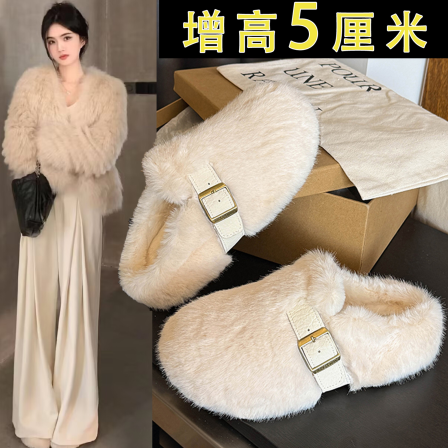 兔毛厚底增高勃肯包头毛毛拖鞋女外穿2025新款冬季懒人半拖棉拖鞋