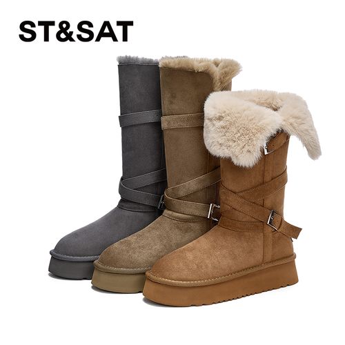 星期六厚底雪地靴女2025冬季新款加绒加厚保暖翻折两穿休闲长筒靴主图