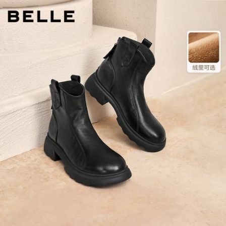 百丽复古厚底时装靴女鞋25冬季新品商场同款加绒百搭真皮粗跟短靴