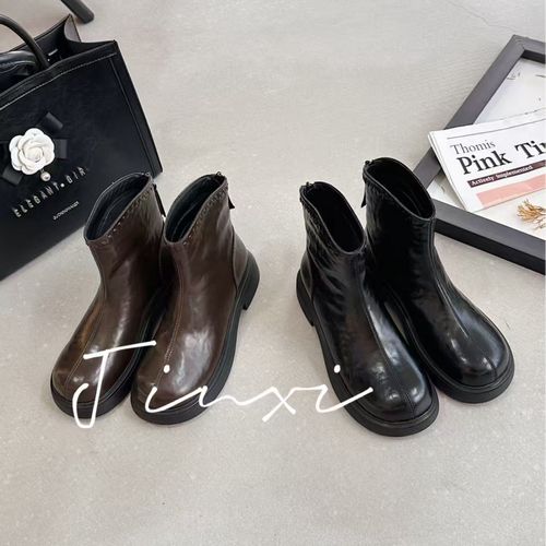 首尔麦穗~加绒厚底后拉链短靴瘦瘦靴主图