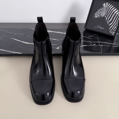 秋冬新款男士方头亮面真皮切尔西商务休闲三接头高帮皮靴男时尚鞋主图