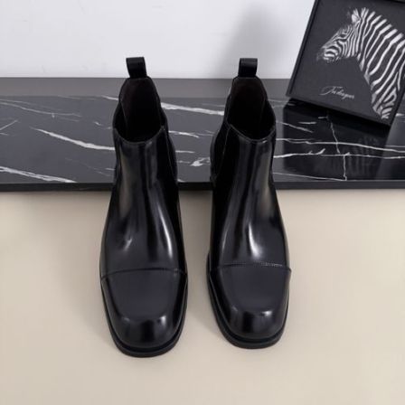 秋冬新款男士方头亮面真皮切尔西商务休闲三接头高帮皮靴男时尚鞋