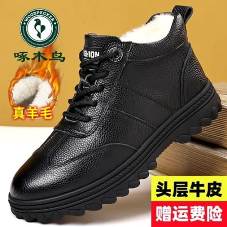 啄木鸟男士棉鞋冬季加绒加厚高帮棉皮鞋男真皮真羊皮毛一体雪地靴