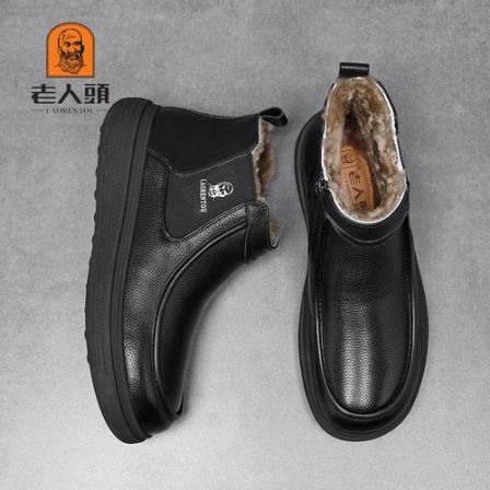 老人头冬季真皮高帮棉鞋加厚软底皮靴爸爸鞋加绒加厚保暖男棉鞋