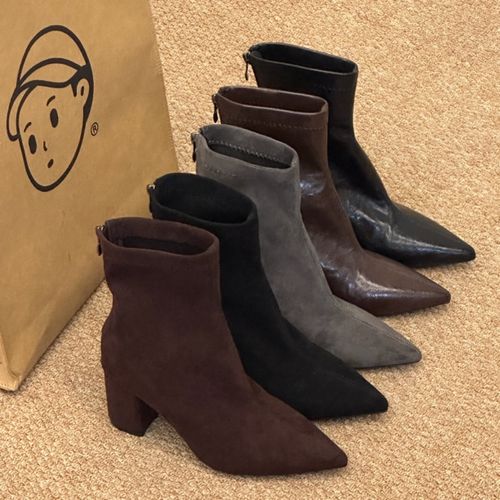 晚睡兰•内增高11cm小个子方头瘦瘦靴女韩系粗跟加绒面尖头短筒靴主图