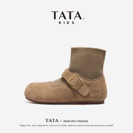 TATA童鞋儿童复古靴子女2025秋冬新款女童真皮袜靴洋气软底小皮靴
