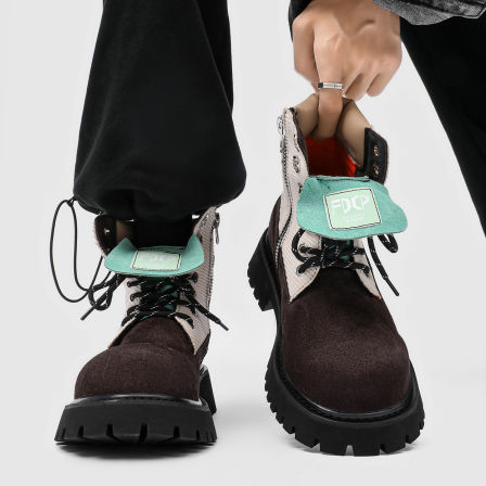 马丁靴男2025新款高帮厚底增高工装靴休闲英伦风翻盖拼色德比短靴