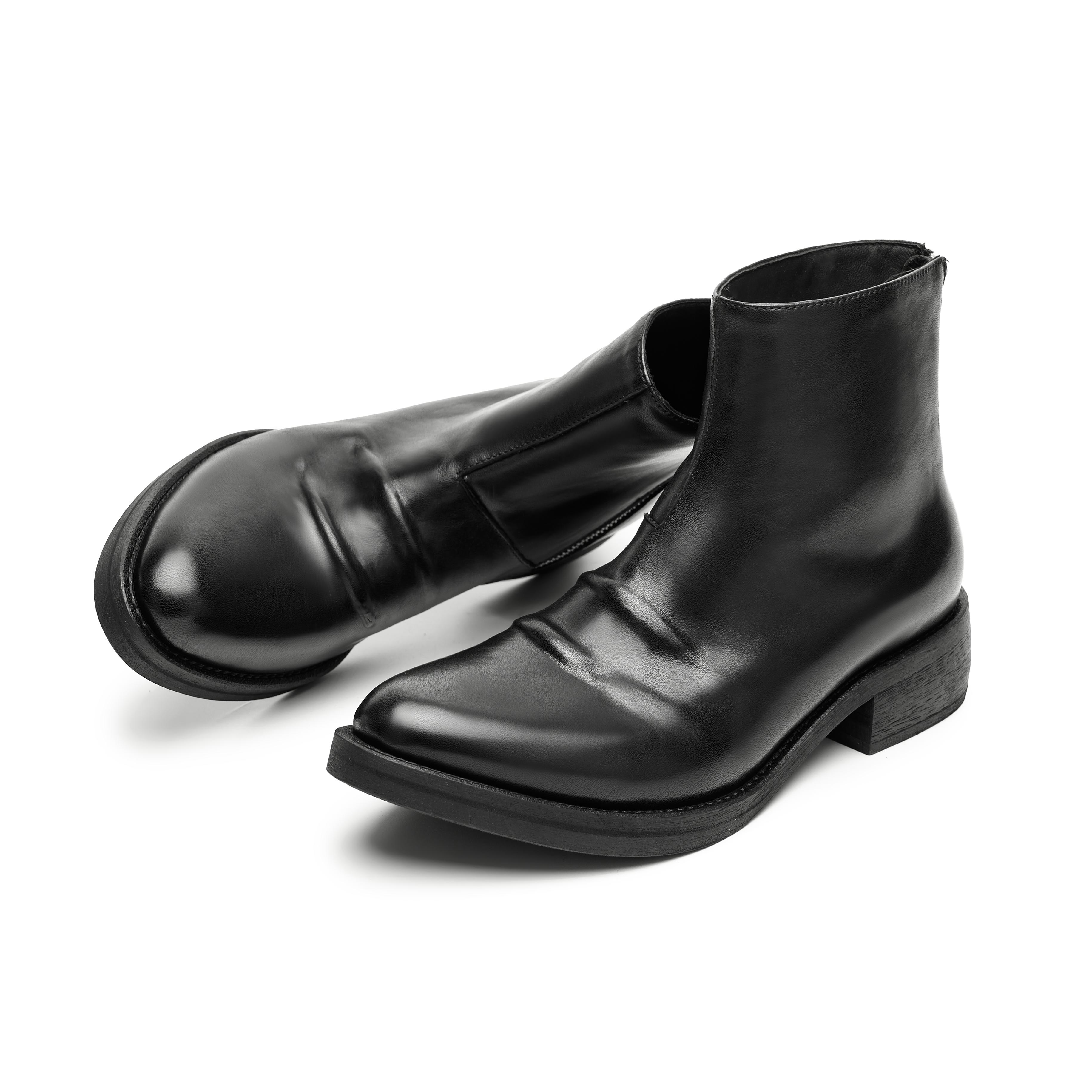 DESERTO 头层植鞣牛皮褶皱扭曲拉链翘头尖头切尔西靴巫师靴主图