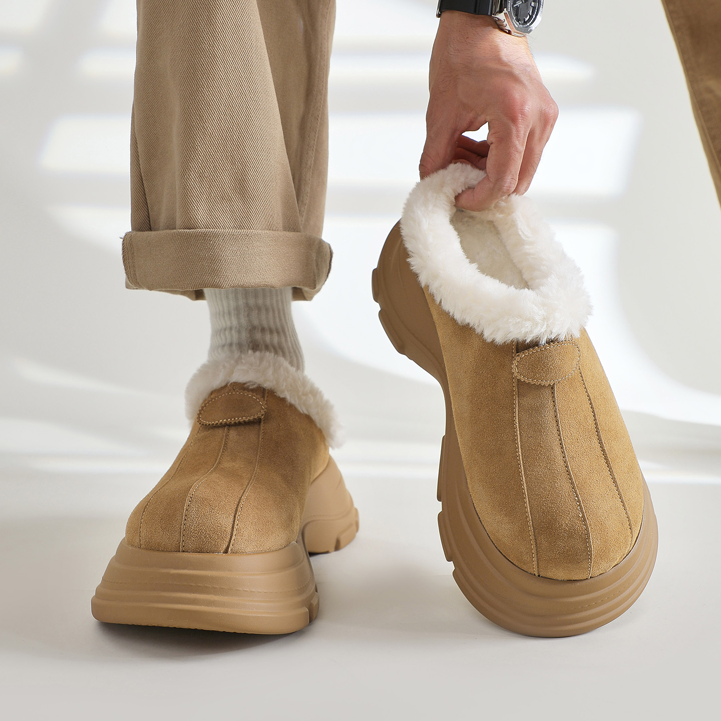 冬季加绒加厚勃肯雪地靴男面包保暖棉鞋女情侣大头厚底防滑半拖鞋主图