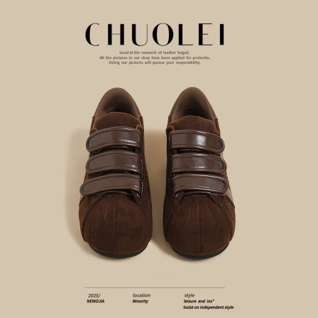 2025秋冬季新款平底小白鞋女棕色内增高休闲面包鞋魔术贴运动板鞋