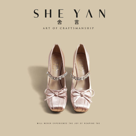 羊皮版~水钻蝴蝶结绸缎方头单鞋女粗跟玛丽珍一字带通勤高跟鞋