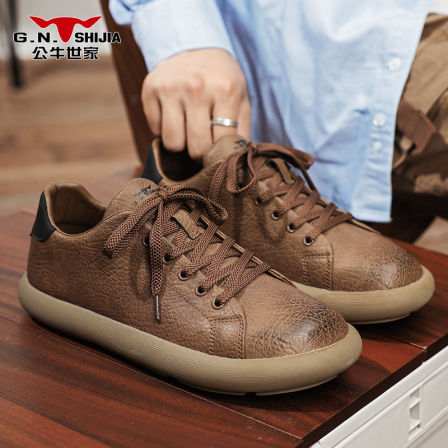 公牛世家男鞋秋季2025新款复古休闲皮鞋男软底百搭高级感德训板鞋