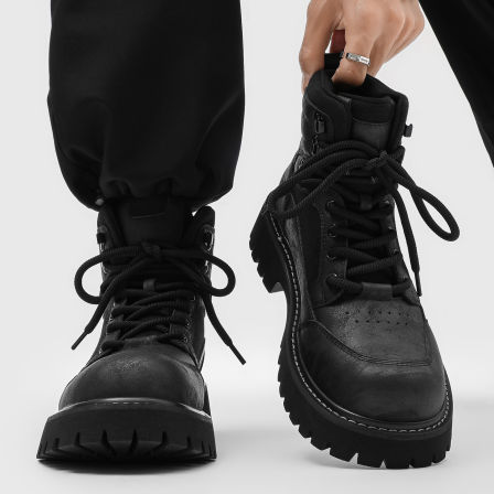 男士马丁靴秋冬新款英伦高帮皮鞋厚底增高复古户外黑色沙漠工装靴