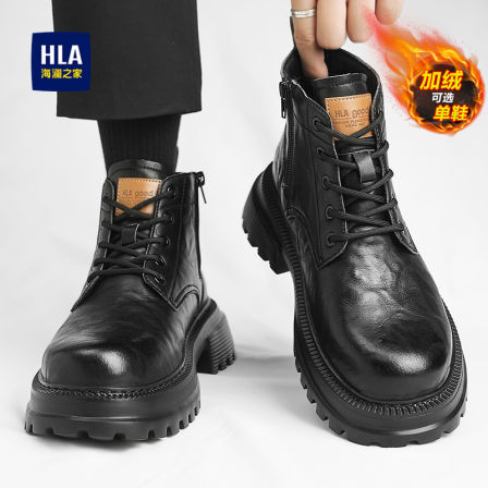 海澜之家马丁靴男款秋冬季加绒休闲黑色棉皮鞋男士厚底机车工装靴
