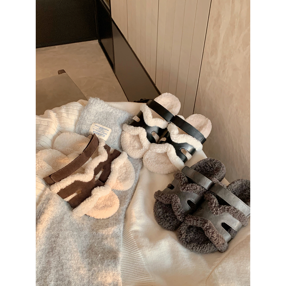 葡萄妈studiolee懒人H带魔术贴二舅厚底毛毛拖鞋女外穿2025秋冬款主图