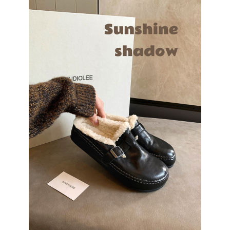 葡萄妈studiolee增高3.5cm~ 马皮懒人扣带保暖毛毛棉鞋勃肯半拖鞋