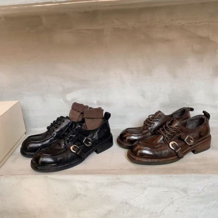 葡萄妈studiolee 增高4.5cm~水洗马皮英伦风圆头双扣带系带小皮鞋