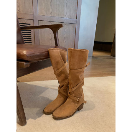 葡萄妈studiolee 增高7cm~ 大长腿尖圆头交叉带粗跟骑士靴中筒靴