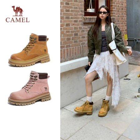 骆驼马丁靴女2025新款冬季厚底英伦风工装靴踢不烂真皮大黄靴短靴