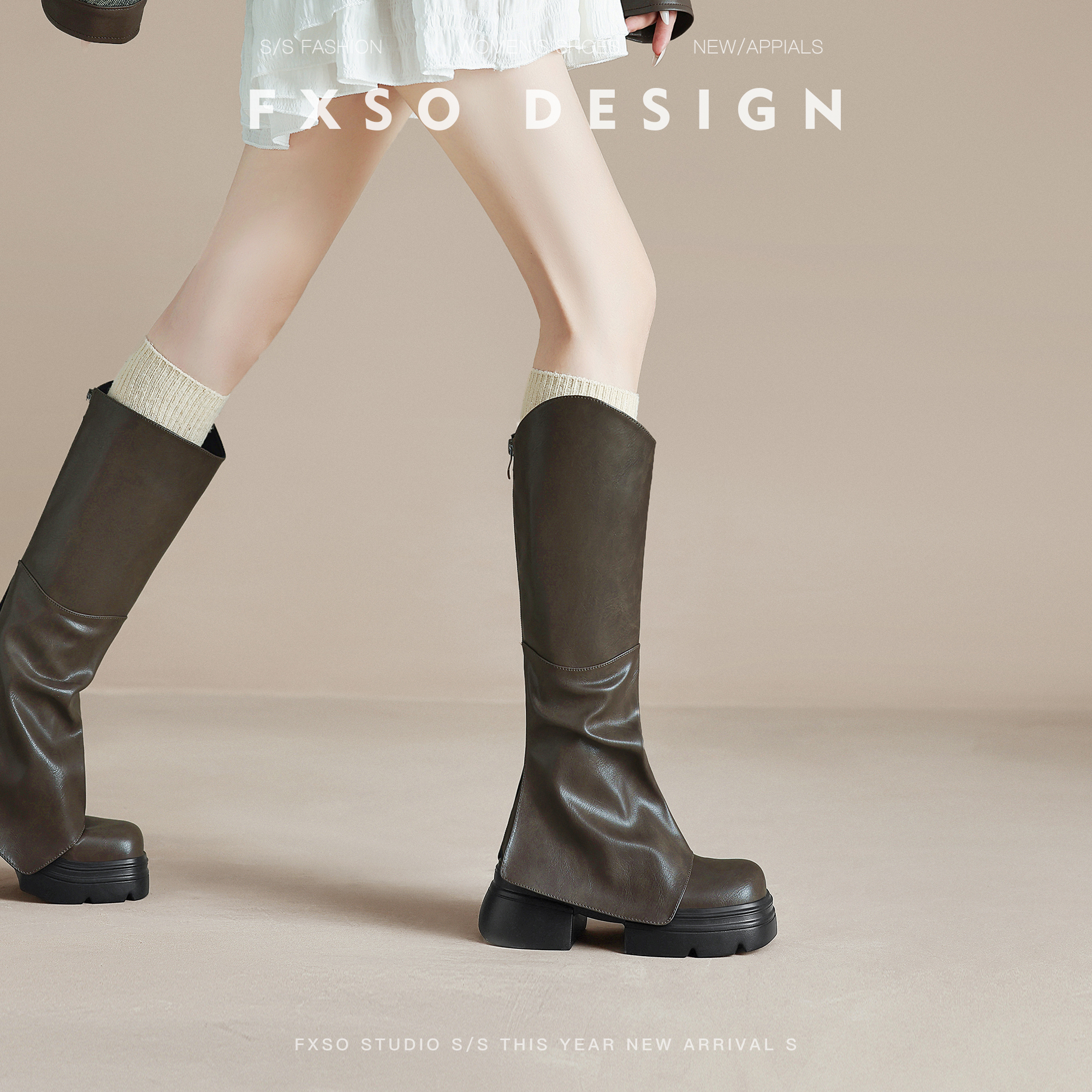 真皮方巷2025秋冬新款不过膝裤管靴女爆款英伦风厚底增高高筒靴女主图