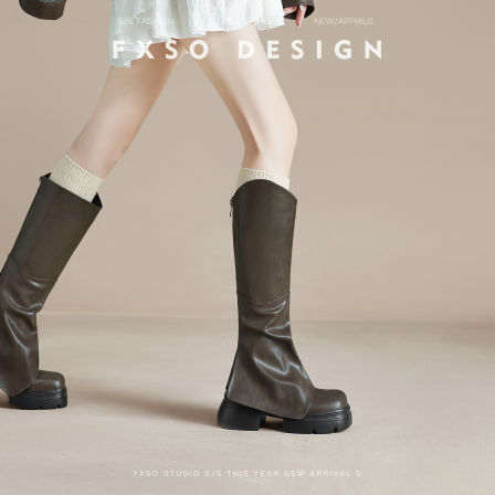 真皮方巷2025秋冬新款不过膝裤管靴女爆款英伦风厚底增高高筒靴女