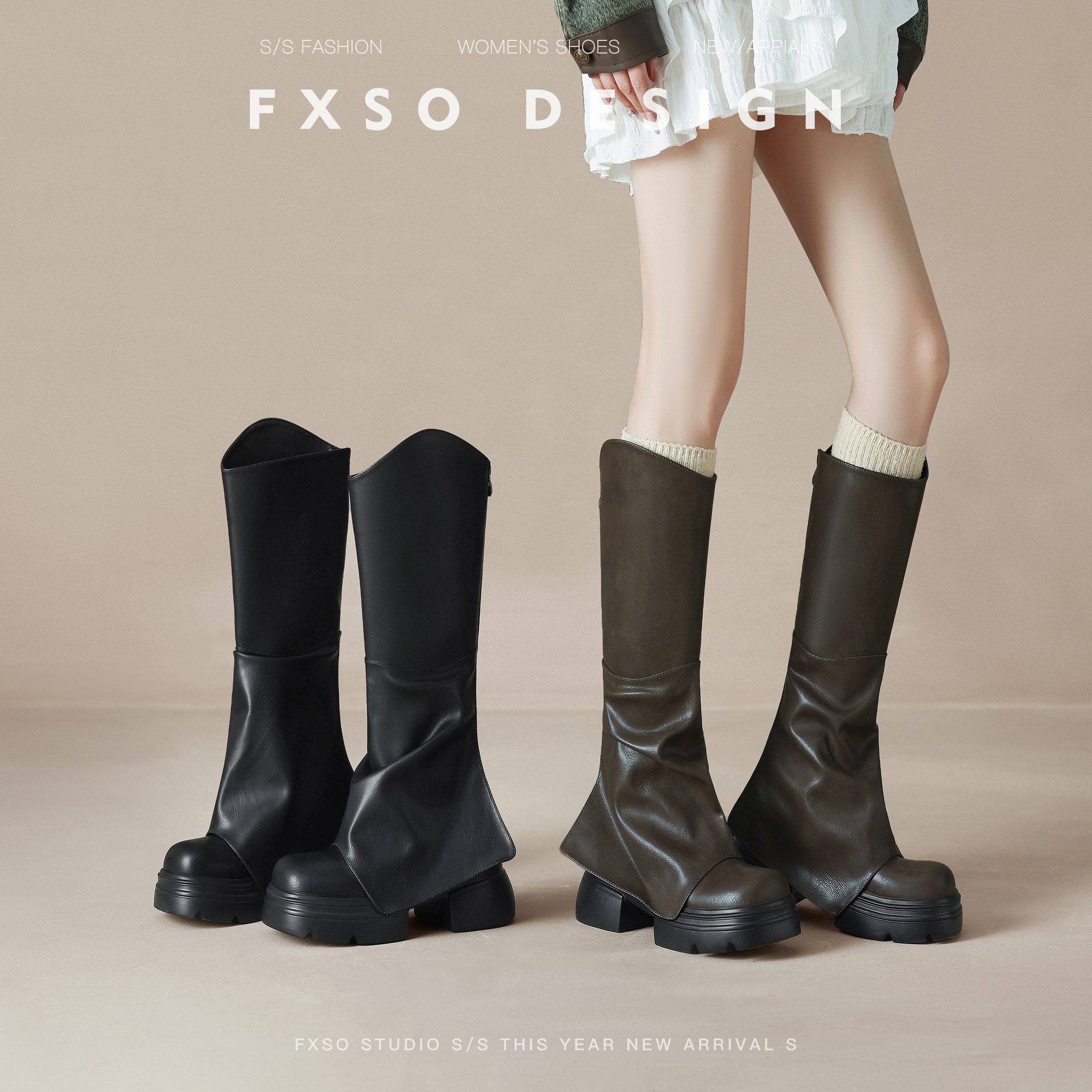 真皮方巷大叔2025秋冬新款v口显瘦裤管靴女爆款不过膝厚底高筒靴主图