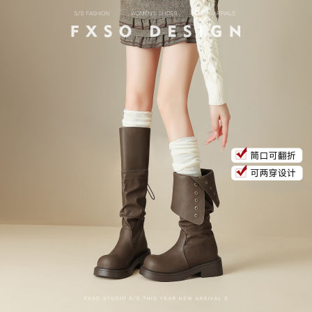 真皮方巷大叔2025秋冬新款搭扣骑士马丁靴女爆款英伦风两穿高筒靴