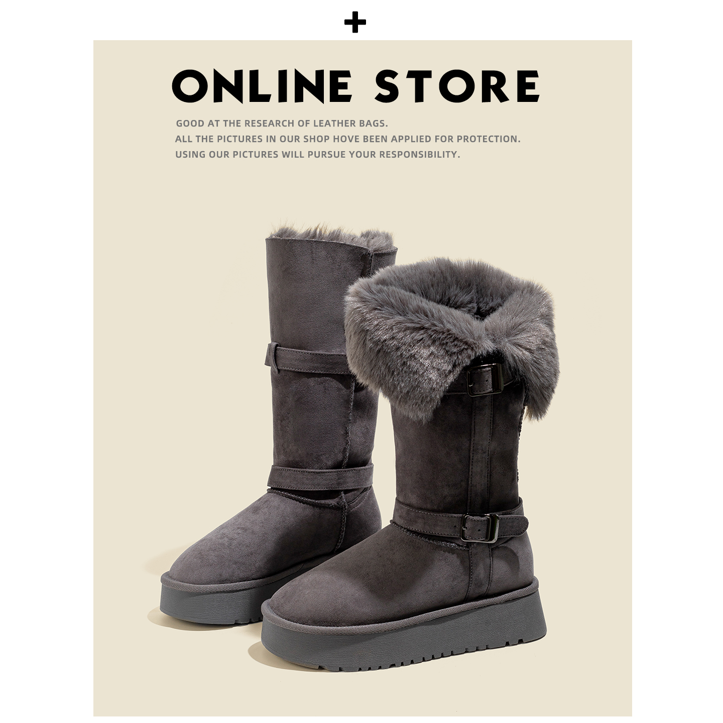 羊皮！厚底灰色长筒雪地靴女2025冬季加绒加厚棉鞋保暖东北雪地棉主图