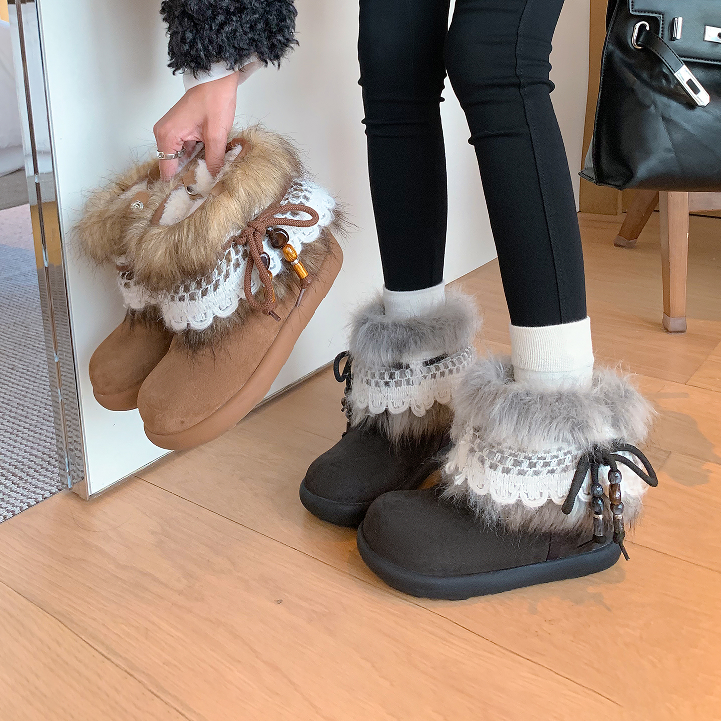 伯爵猫两穿毛毛雪地靴女2025秋冬新款复古厚底短筒加绒加厚棉鞋子主图