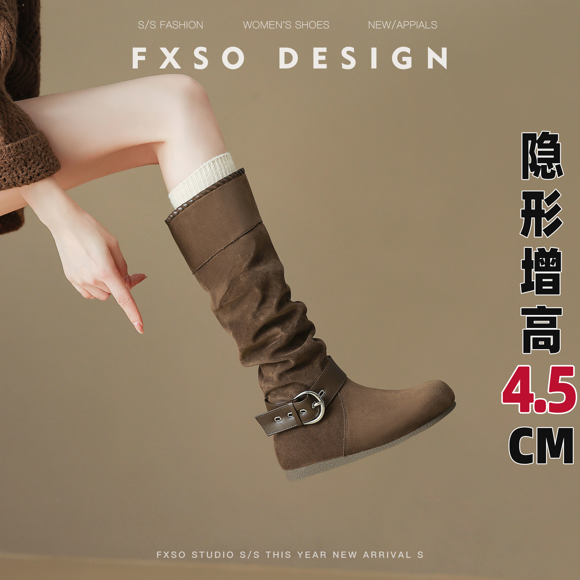 真皮方巷2025秋冬新款皮带扣骑士马丁靴女爆款褶皱感平底高筒靴女主图