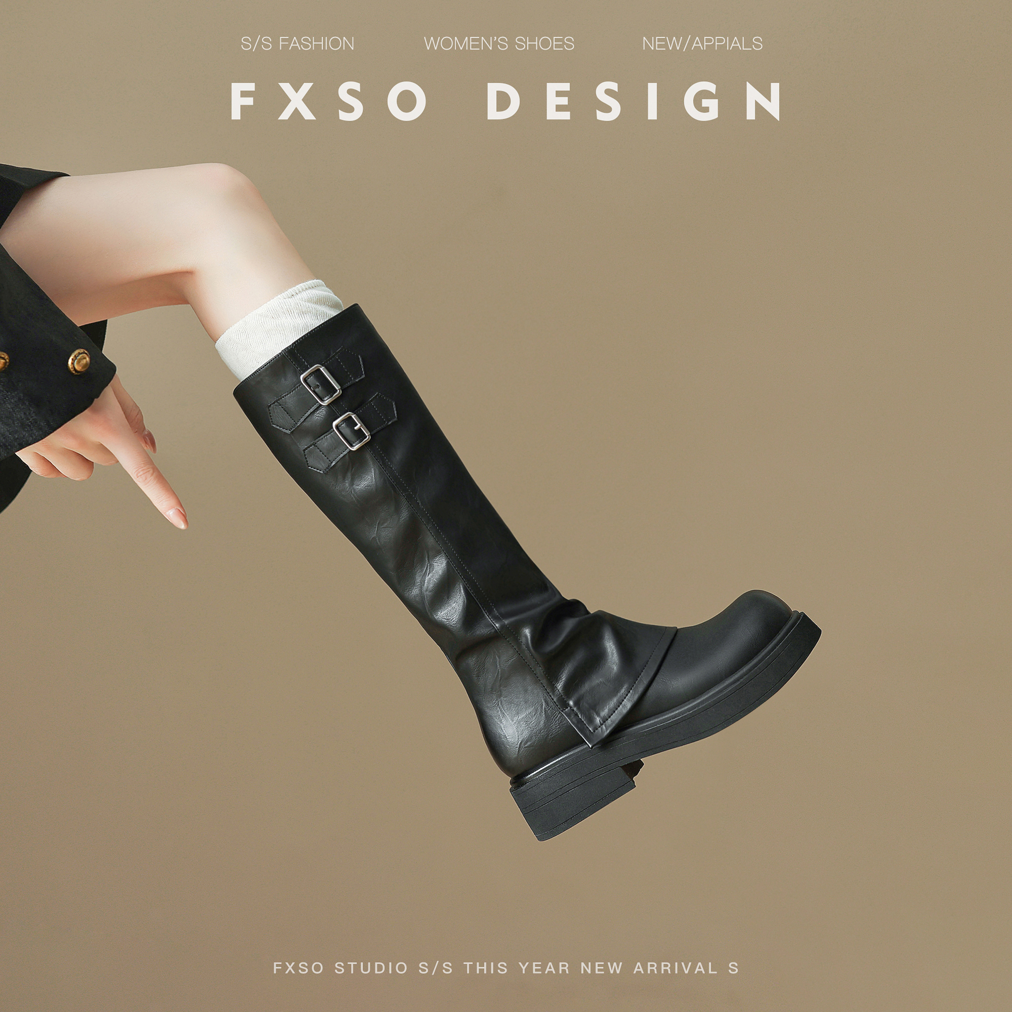 真皮版方巷2025秋冬新款皮带扣骑士马丁靴女爆款大头粗跟短筒靴女主图