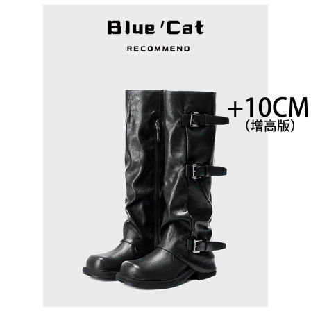 真皮版~10CM内增高黑色长筒骑士靴女秋冬新款皮带扣褶皱裤管靴子