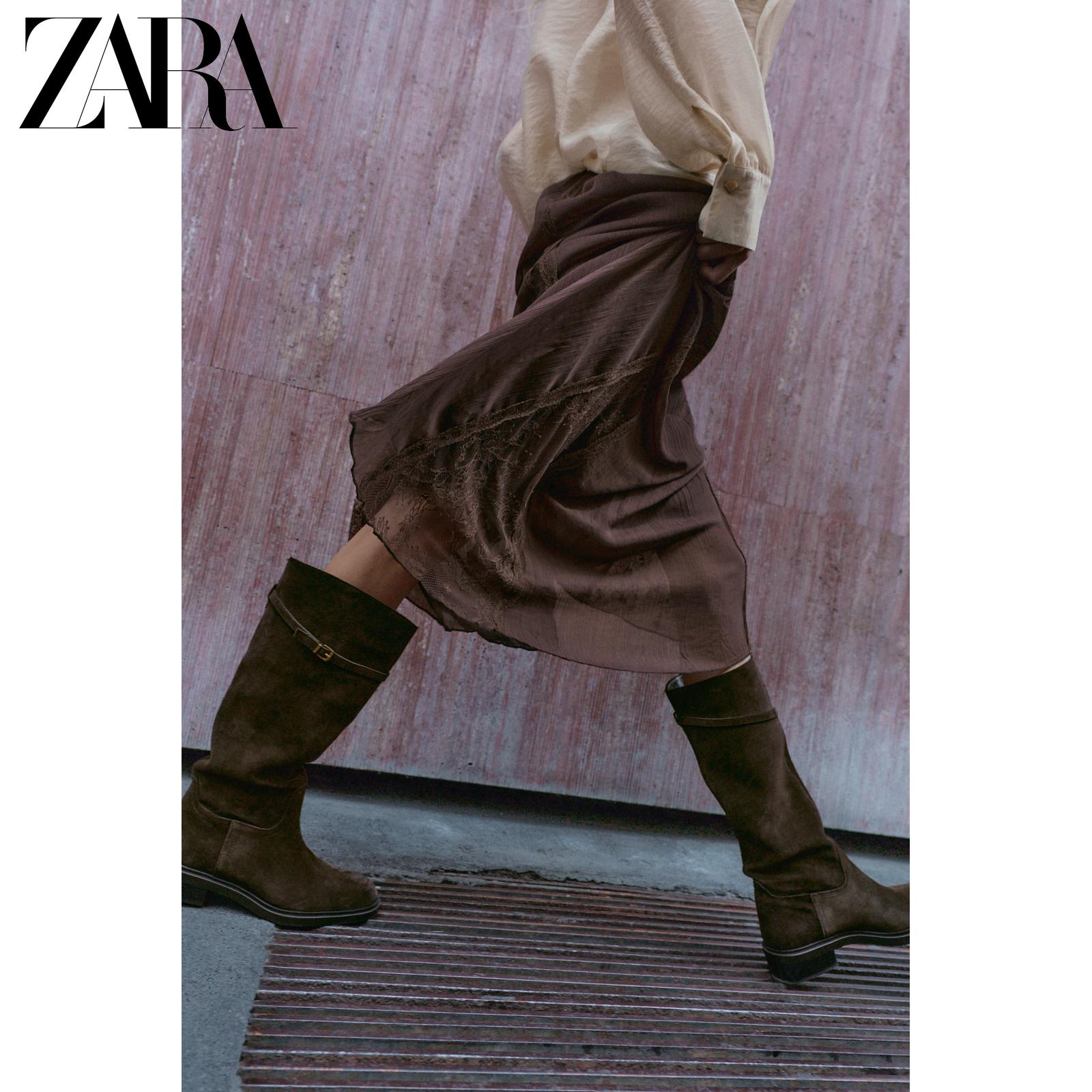 ZARA2025秋季新品 女鞋 反绒皮套穿式平底高筒骑马靴 2050610 700主图