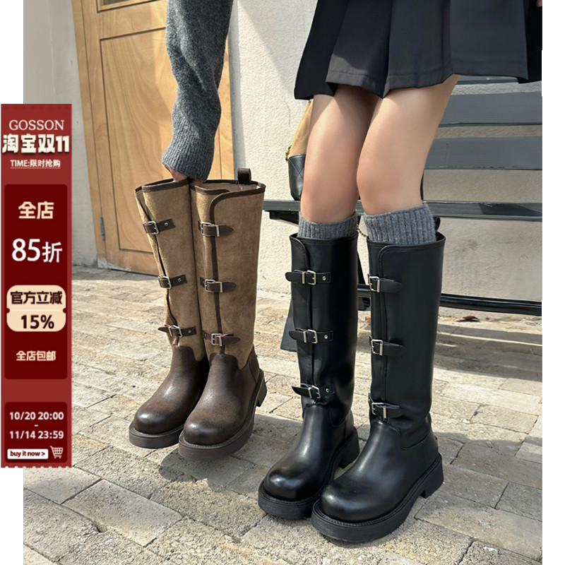 戈森定制复古拼接靴子长筒靴女2025新款皮带扣粗跟百搭高筒骑士靴主图